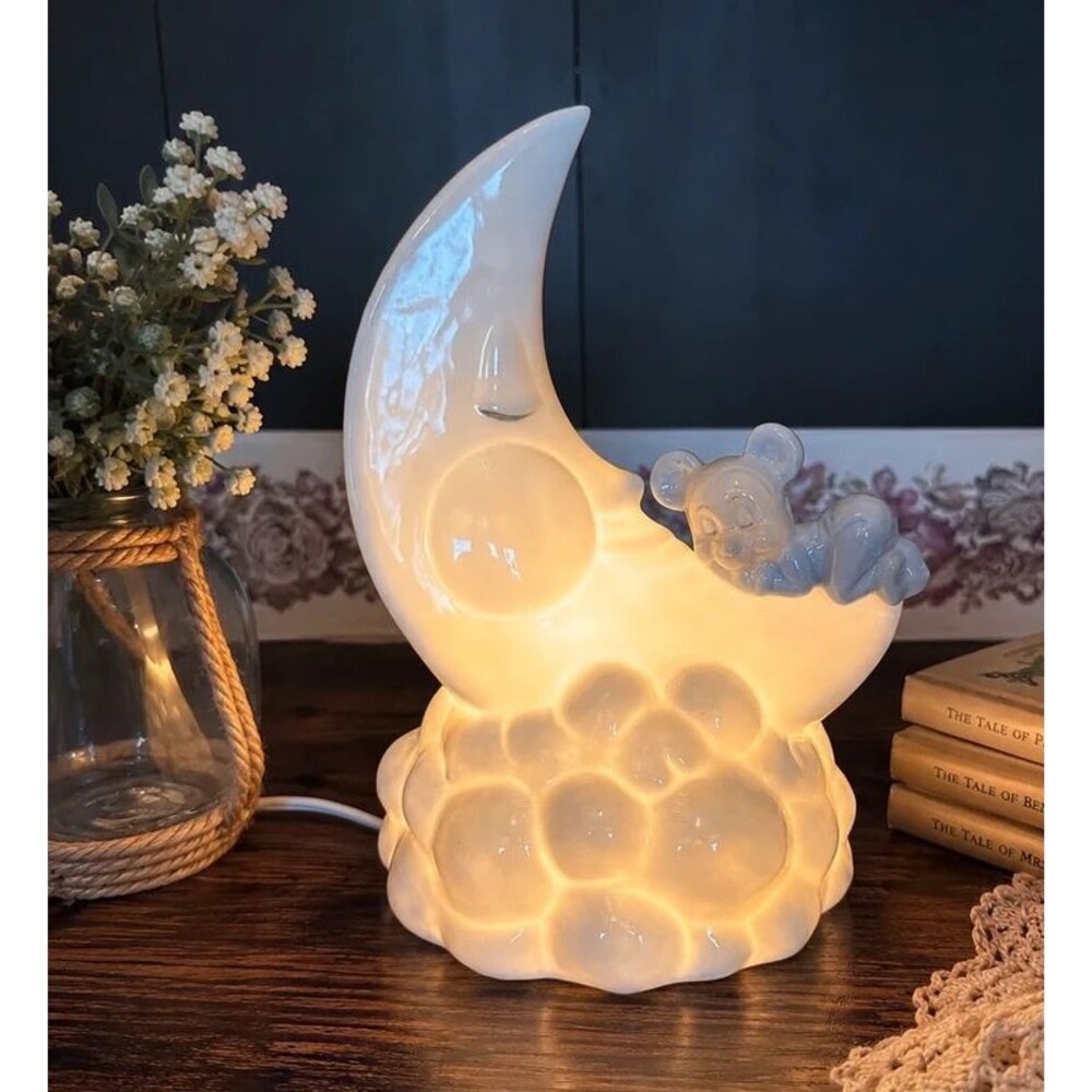 Vintage Ceramic Moon Lamp with Sleeping Teddy Bear | Nursery Night Light | Works
